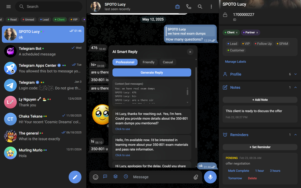 GramSales AI smart reply suggesting a professional response inside Telegram Web