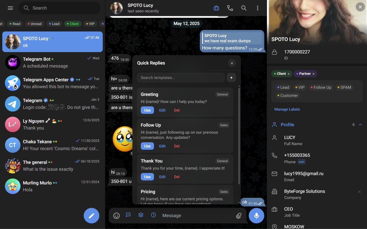 GramSales CRM sidebar open inside Telegram Web with contact labels, notes and quick replies