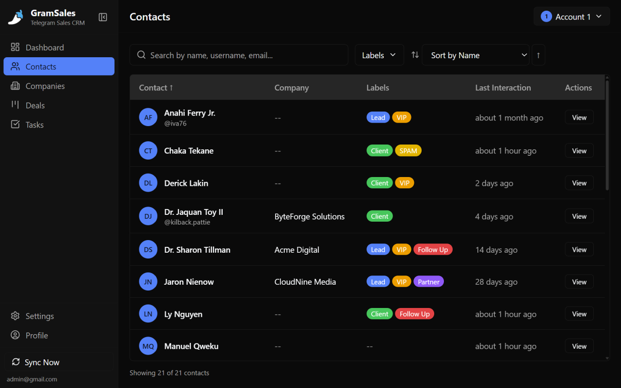 Telegram contacts organized with colored CRM labels in GramSales