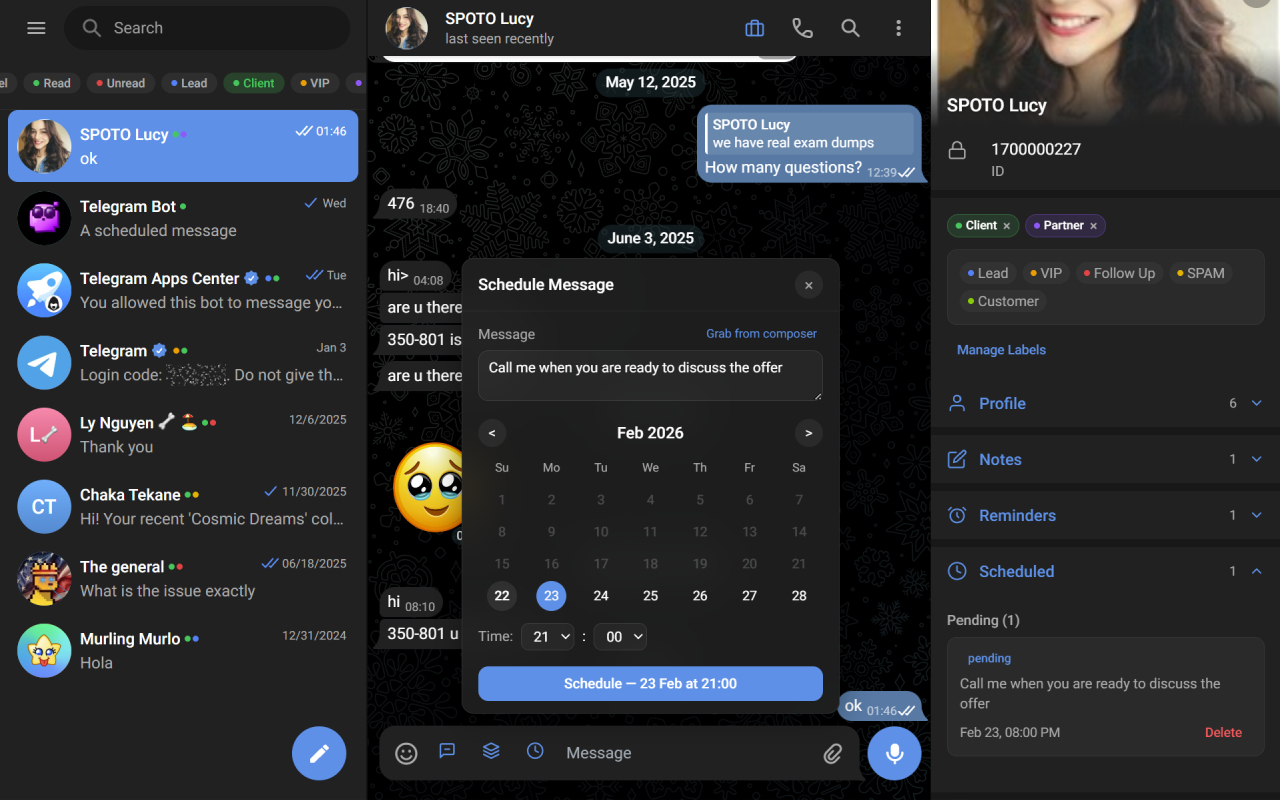 Setting a follow-up reminder on a contact from the GramSales sidebar